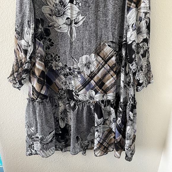 London Times Women's Dress Sz 8 Tartan Floral Long Sleeve Smock Tiered Tie Neck - Picture 12 of 16